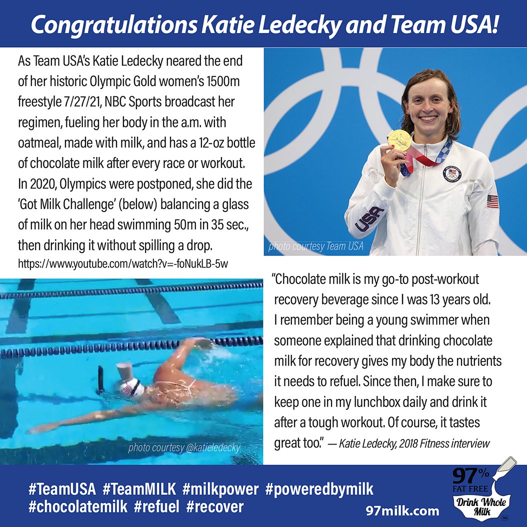 Congrats Katie Ledecky on Olympic Gold women’s 1500m freestyle! During race, NBC broadcast her regimen: a.m. oatmeal, made w/#milk
After race/workout: 12-oz #chocolatemilk  
#TeamUSA #TeamMILK  
#milkpower #poweredbymilk #recoverydrink  
Chocolate +🥛from🐄= unbeatable combo