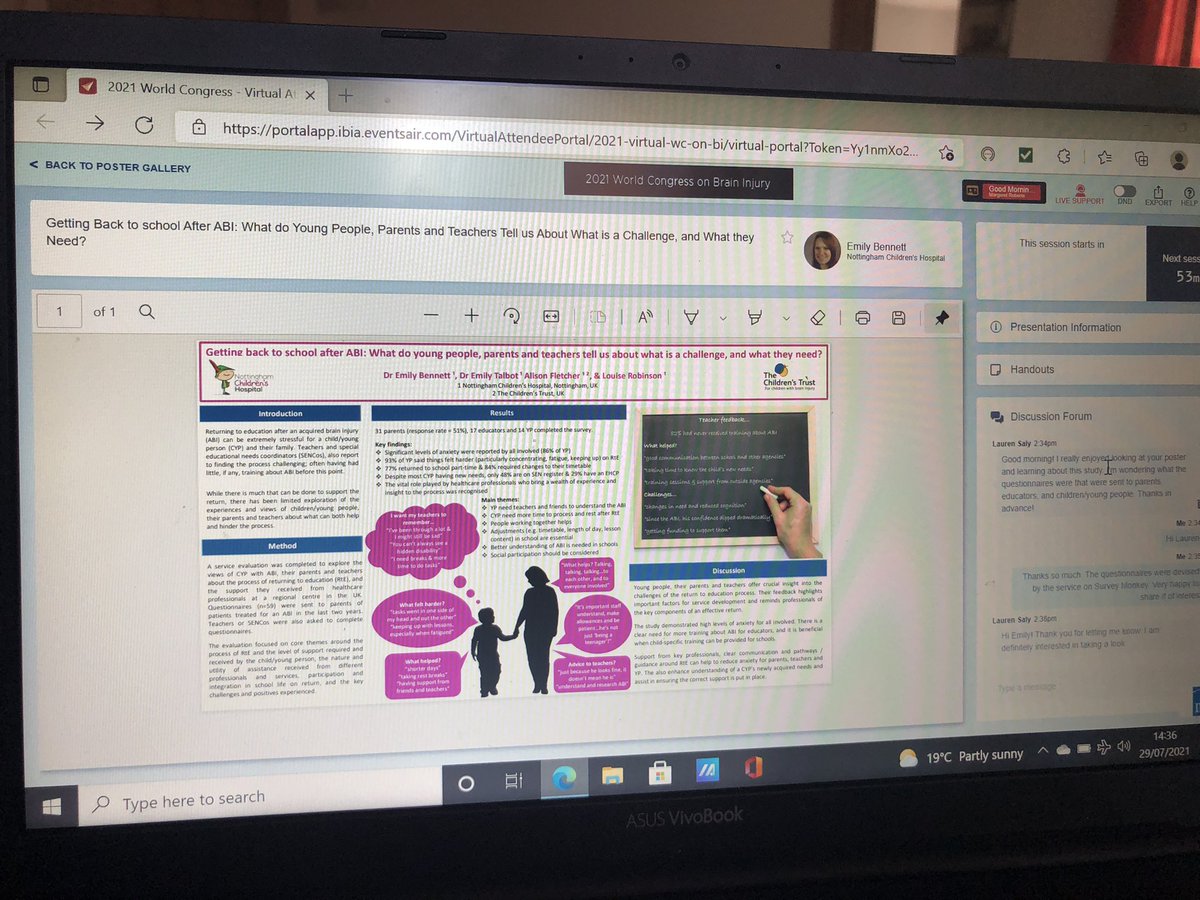 EmBennett78's tweet photo. Looking forward to today’s @I_B_I_A World Congress on #BrainInjury Great to share early findings from our study exploring #Return2School experiences after #ChildhoodABI @nottmchildrens @BRILLTeamNUH @AlisonAnne12 @EmilyTa60296899 @ClinPsyNUH @Childrens_Trust @CYPHR17 @NABLES10 https://t.co/ryCj5vjtP5