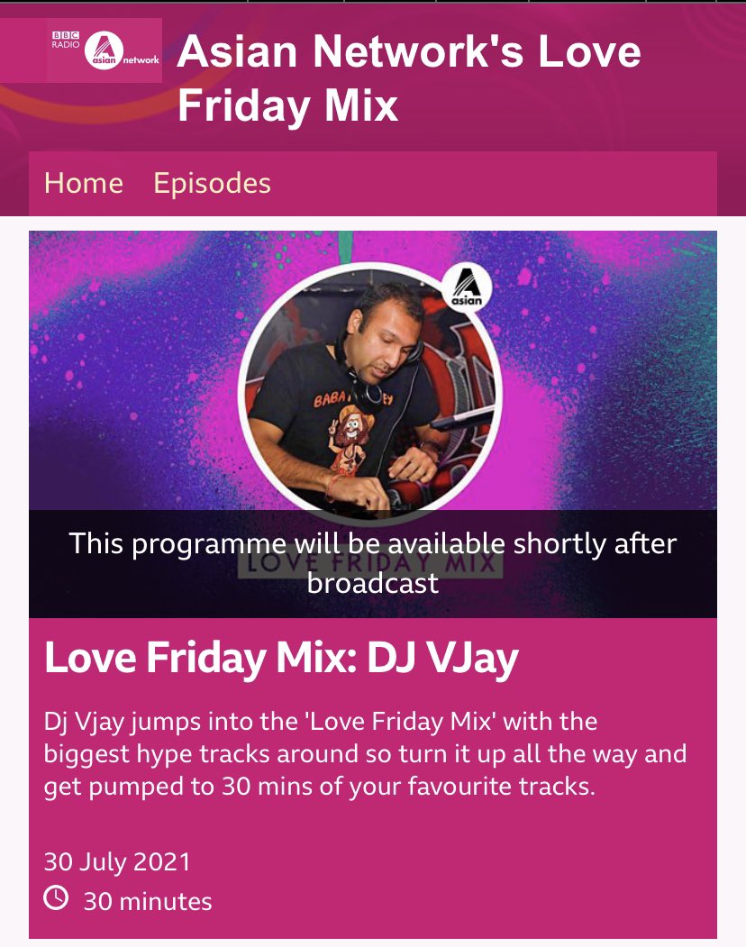 TheDJVjay's tweet photo. https://t.co/LDoMZeXwTF

My Love Friday guest Mix locked and loaded to play on @HarpreetUK ‘s Breakfast show between 6-9 AM GMT / July 30th on @bbcasiannetwork …super stoked to soundtrack your #Friday morning with this 30 min hype mix 💃 🕺 

#DJVjay #bbcasiannetwork https://t.co/6keRVSabwn