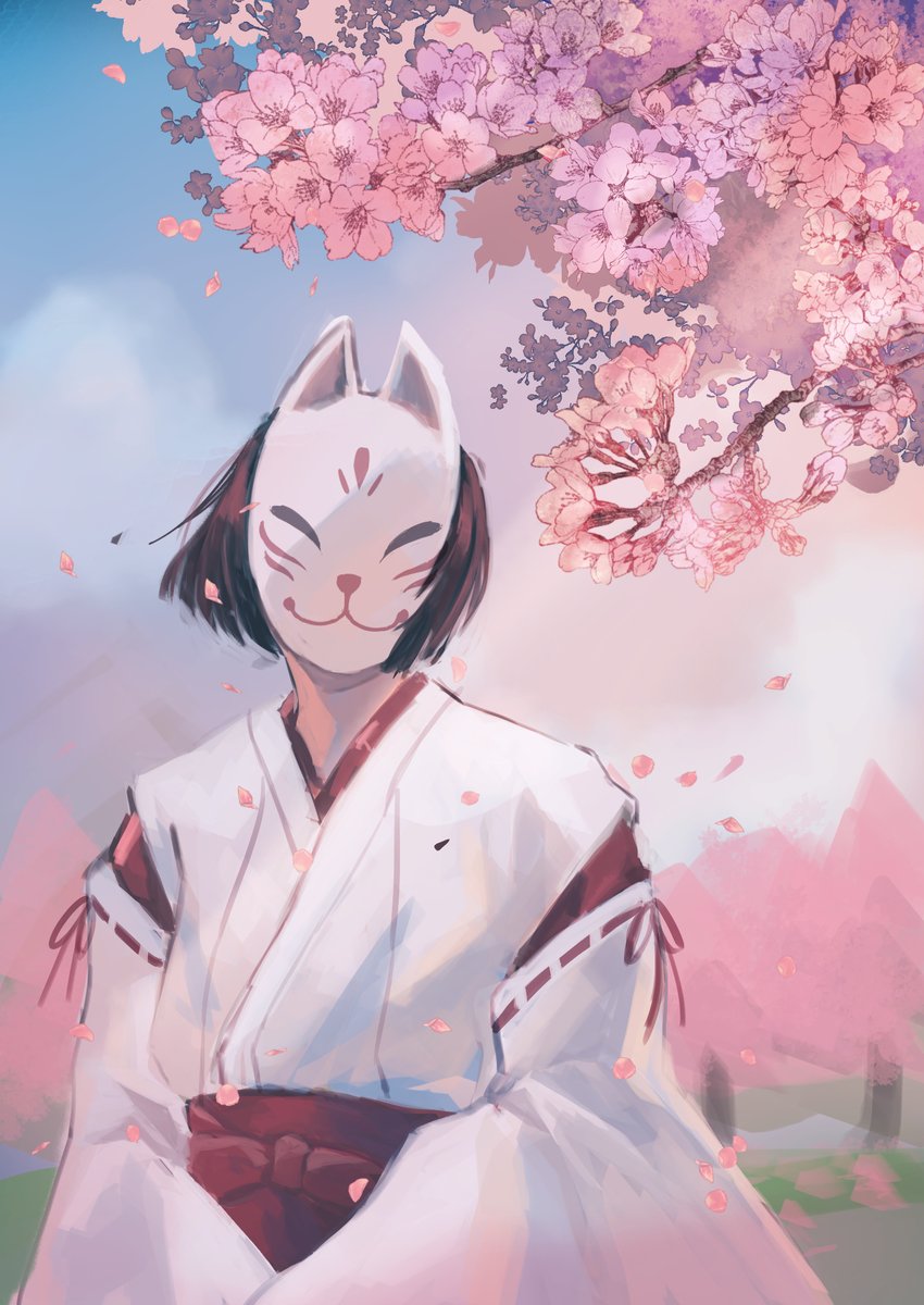 1girl mask solo fox mask japanese clothes cherry blossoms miko  illustration images