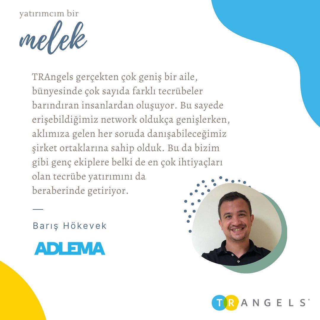 En yeni girişimlerimizden Adlema Kurucu Ortağı Barış Hökevek’in deneyiminden TRAngels… Barış, sadece melek yatırımcılığımızı değil, girişimlere nitelikli sermayemizi nasıl aktardığımızı da güzel özetlemiş. #yatırımcımbirmelek