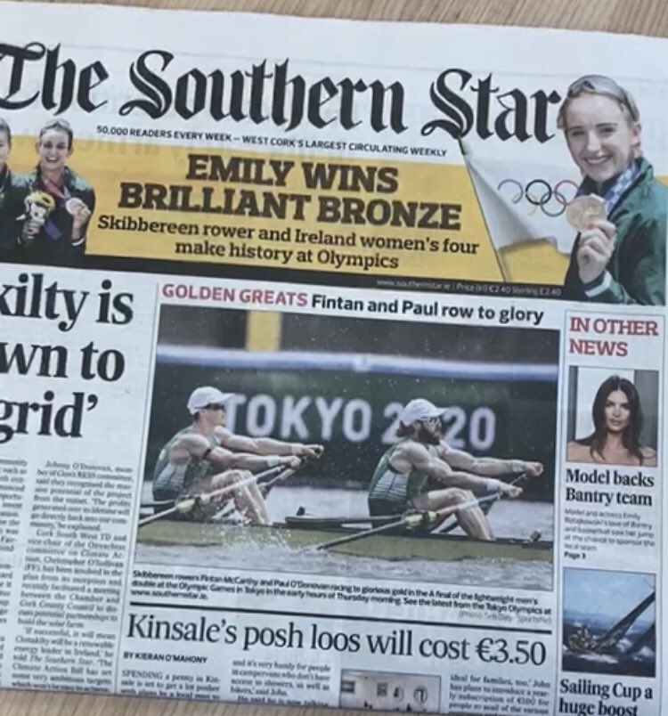 Stop the press! The <a href="/SouthernStarIRL/">The Southern Star</a> in Skibb pulled an all-nighter and swerved print deadlines to achieve this magnificent front page today &amp; do justice to our Olympic rowing champs🍾🏆😊 #Rowing #Olympics #WestCork Always proud to be from Skibbereen but particularly so today😊