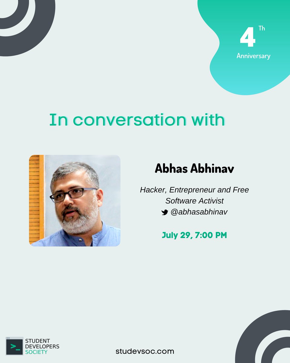 studevsoc's tweet photo. Hey Folks,

Join us as we go live with @abhasabhinav , the founder of DeepRoot Linux and Mostly Harmless. 

Join us at 7PM today.: https://t.co/Pu7L5aWAoR
See y'all there! ✨
Follow @studevsoc for more conversations like these

#freeSoftware #hacking #hacker #entrepreneur https://t.co/fFmGQYEHWL