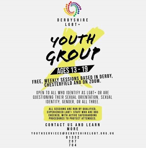 CHCNetworkNED's tweet photo. . @DerbyshireLGBT+ has two weekly youth groups, one in Derby City Centre &amp; one in Chesterfield. For more information on either group, please contact Charlotte on 01332 207704 or email youthservices@derbyshirelgbt.org.uk @nedDC @Derbyshirecc @DCCPublicHealth @dva_info @LinksCVS https://t.co/IhK00ZcnNj