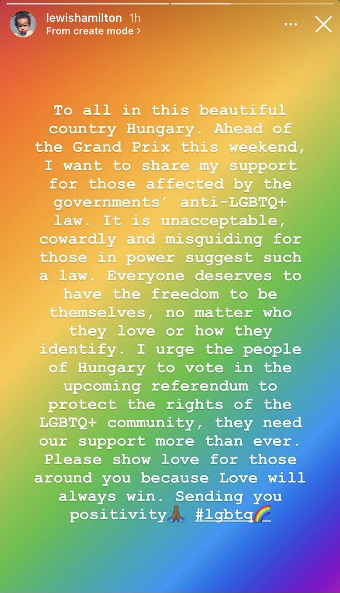 Lewis Hamilton on Instagram 👏🏳️‍🌈 #HungarianGP