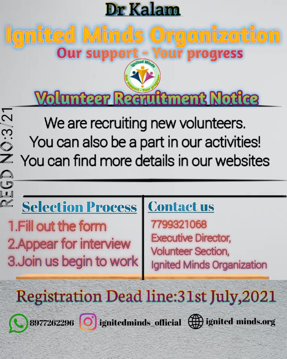 saiswathi_d's tweet photo. We are recruiting new Volunteers for IGNITED MINDS ORGANIZATION 
Hurry up and come forward to register yourself .Details about our Organization will be found in our website 
https://t.co/COgqMwVO2G
Link:
https://t.co/QmSji8yr7F
Any Queries:
Contact:+917799321068
#IGM #Vision2030 https://t.co/MGd3gOAe3X
