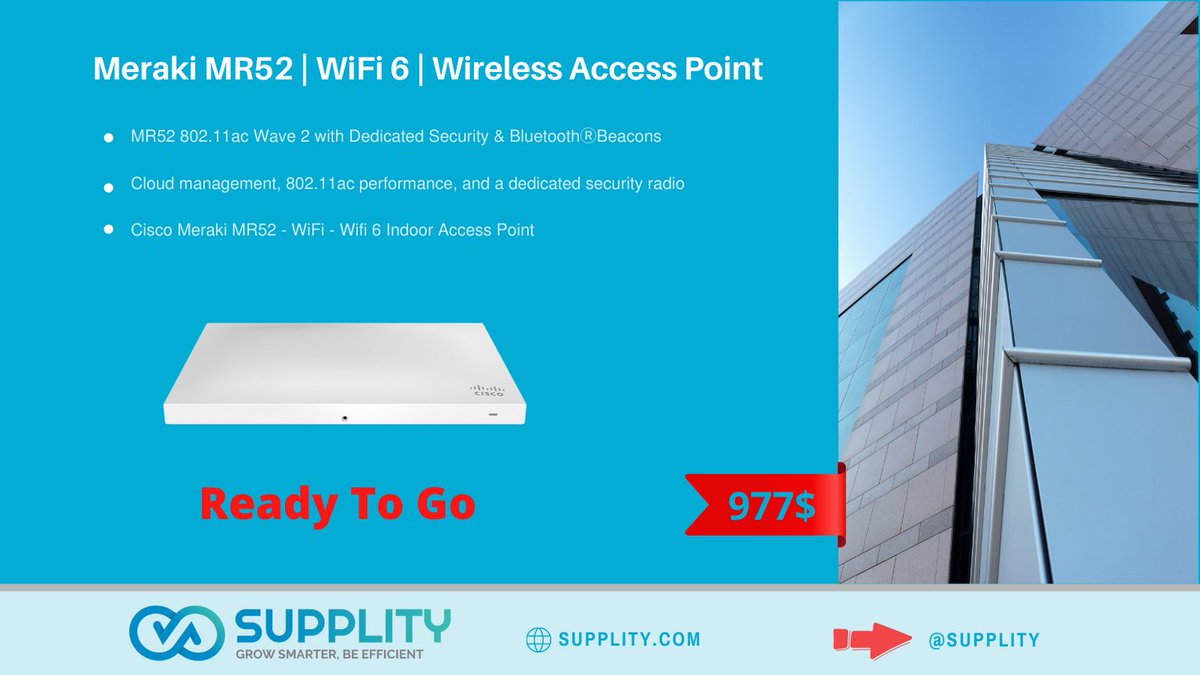 supplity's tweet photo. Need advice? Ask our experts to find out more about 
Cisco Meraki MR52 - WiFi - Wifi 6 Indoor Access Point
MR52
802.11ac Wave 2 with Dedicated Security &amp; Bluetooth Beacons

#cisco #ap #networking #offer #meraki #cloud
by now 
https://t.co/ixp2uuvofr https://t.co/vl73dmO7ZR