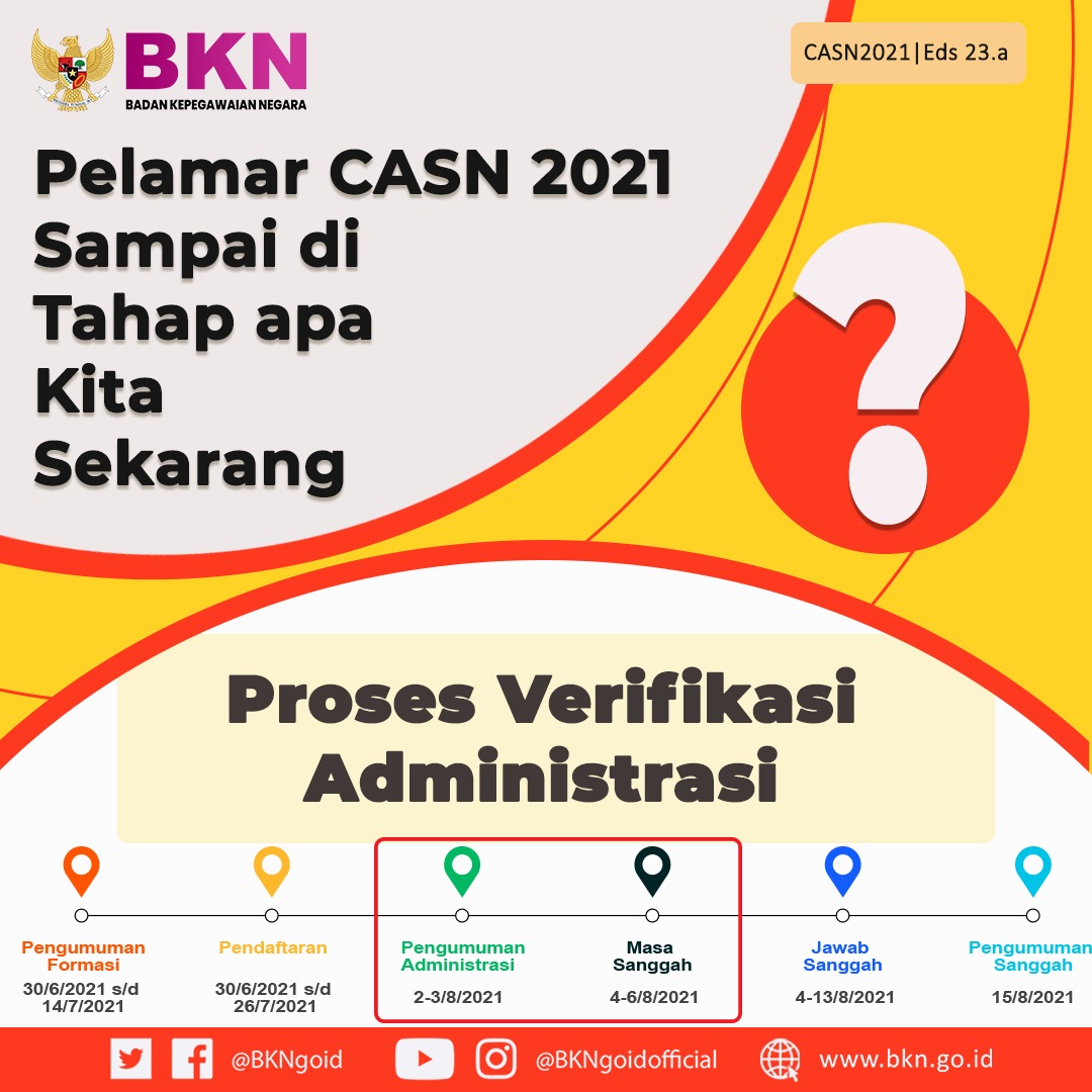 #SobatBKN, khususnya yg telah melakukan submit pendaftaran seleksi tahun 2021, yuk kita move on. 

Mari kita mulai persiapkan hal-hal yang dibutuhkan pada tahapan seleksi selanjutnya.

#2021IkutSeleksiCASN