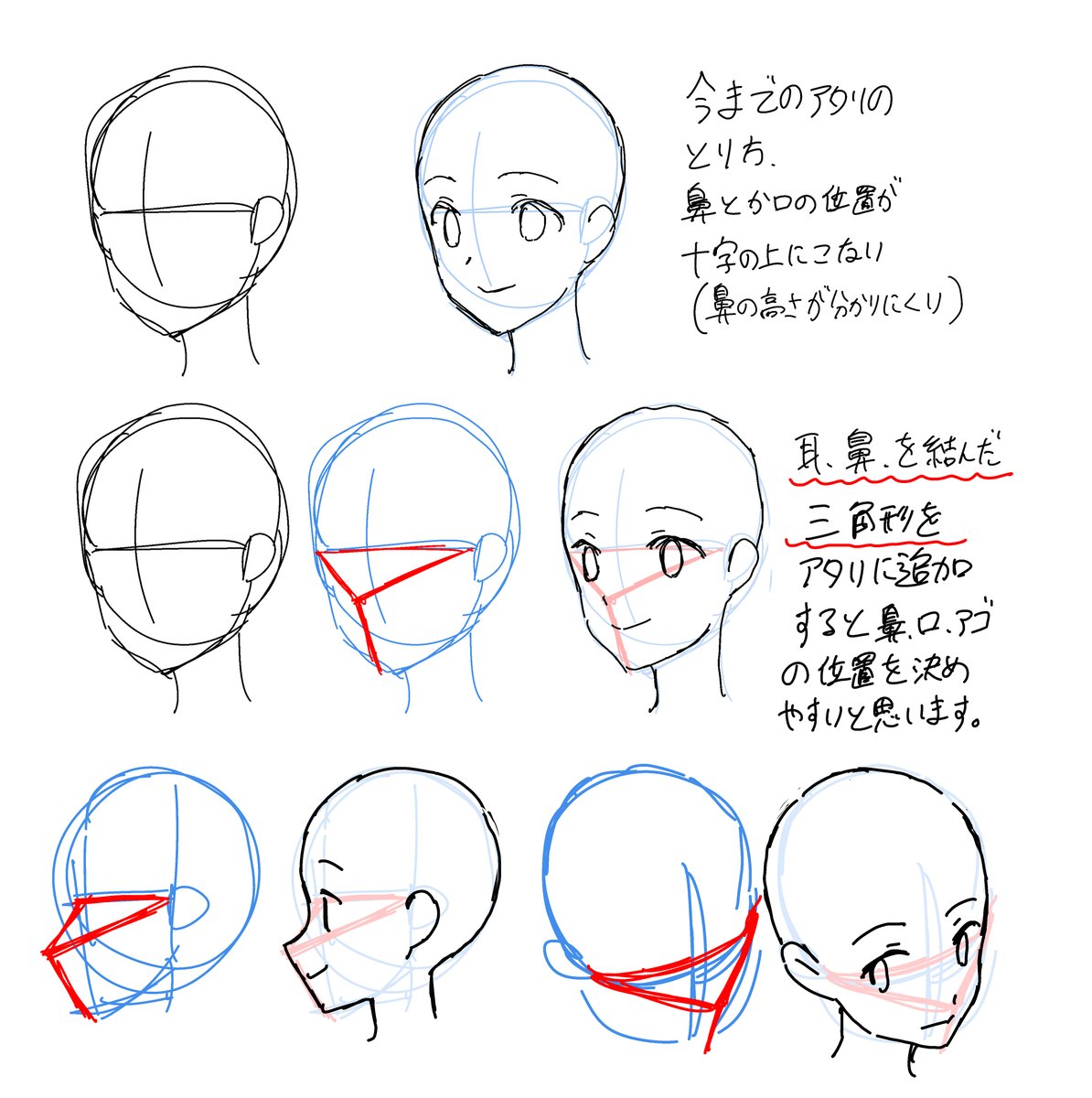 最近思いついた顔のアタリ取り方です。
個人的にこれで結構俯瞰の顔が描きやすくなりました。 