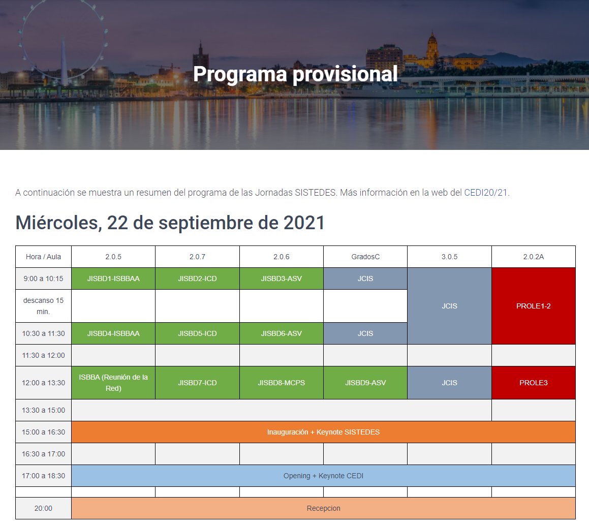 ¡Ya está disponible el programa de las Jornadas SISTEDES que se celebrarán en el CEDI20/21! Puedes consultarlo en: sistedes2021.spilab.es/programa <a href="/sistedes/">sistedes</a> <a href="/CongresoCedi/">Congreso CEDI</a> #cedi2021