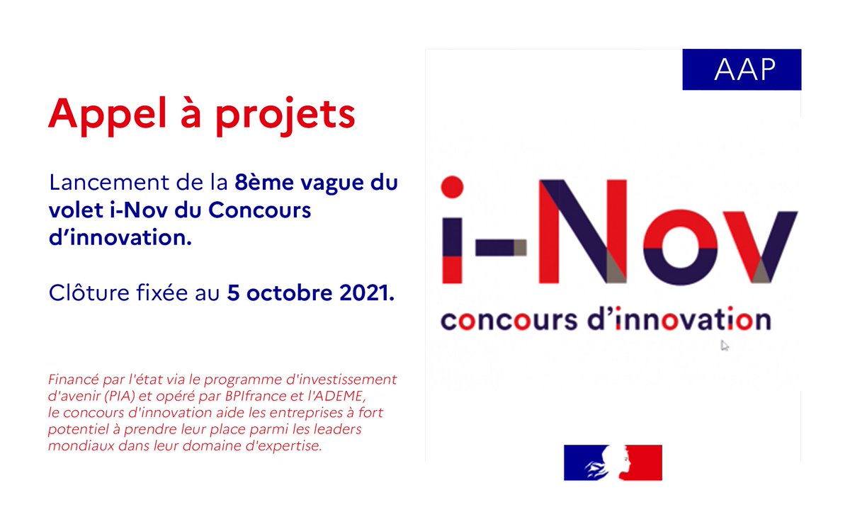 DGEntreprises's tweet image. #INNOVATION | Investissements d&apos;avenir : un nouvel appel à projets pour encourager l&apos;innovation dans les #PME et #startup : participez à la 8ème vague du volet #iNov du Concours d’innovation ! 🗓️ Candidatures ouvertes jusqu&apos;au 05 octobre 2021.
👉 bit.ly/i-Nov_2021