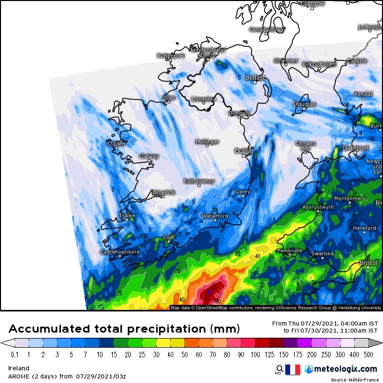 Status Yellow - Rain warning for Cork, Waterford, Wexford
Met Éireann Weather Warning
Heavy or thundery showery rain expected with the risk of spot flooding.
Valid: 15:00 Thursday 29/07/2021 to 05:00 Friday 30/07/2021