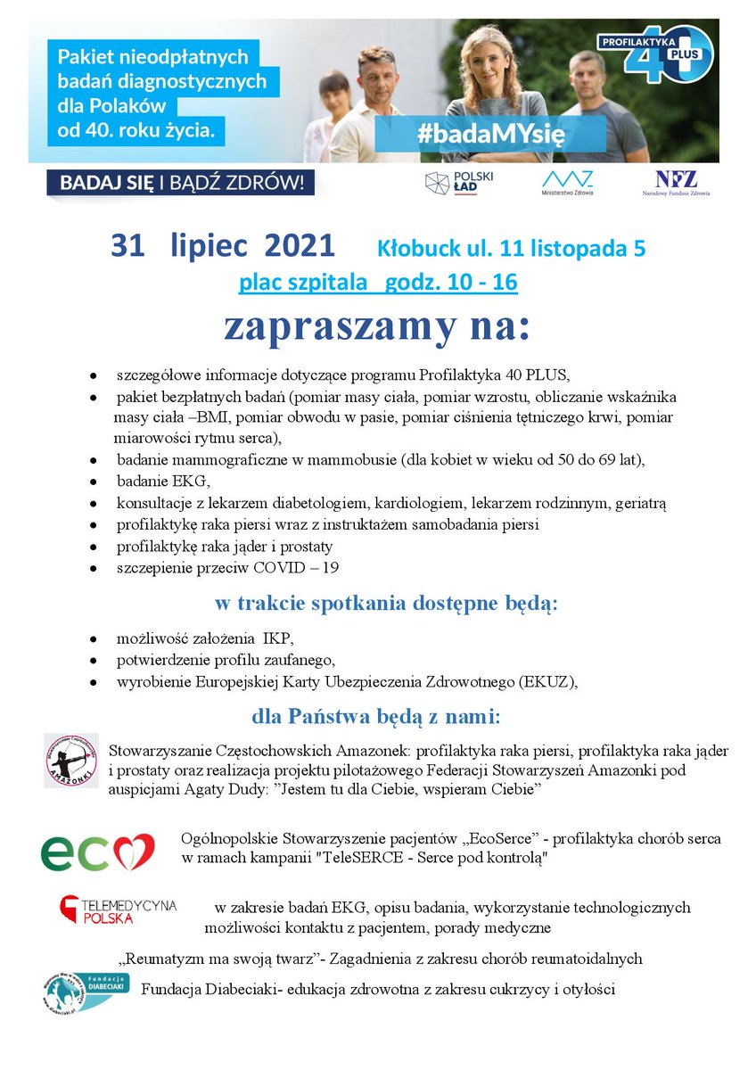 TeleSERCE's tweet photo. #badaMYsię w sobotę w Kłobucku! Bezpłatne konsultacje z lekarzami specjalistami, możliwość wykonania badań: #EKG, mammografii, pomiaru ciśnienia tętniczego krwi, oznaczenia #BMI i mnóstwo porad profilaktycznych! Zapraszamy! @NFZ_GOV_PL @EcoSerce #profilaktyka #serce #zdrowie https://t.co/glQFxzJOJF