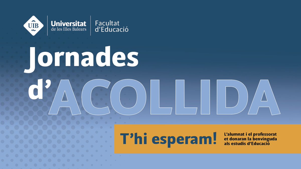 Jornades d’acollida per a l’alumnat de primer curs dels estudis de la Facultat d’Educació. Curs 2021-22
👉Inscriu-t’hi a: bit.ly/3wxEypb 
👉Més informació a: feducacio.uib.cat/Alumnat/acolli… 
👉Cartell i programa a: feducacio.uib.cat/digitalAssets/…