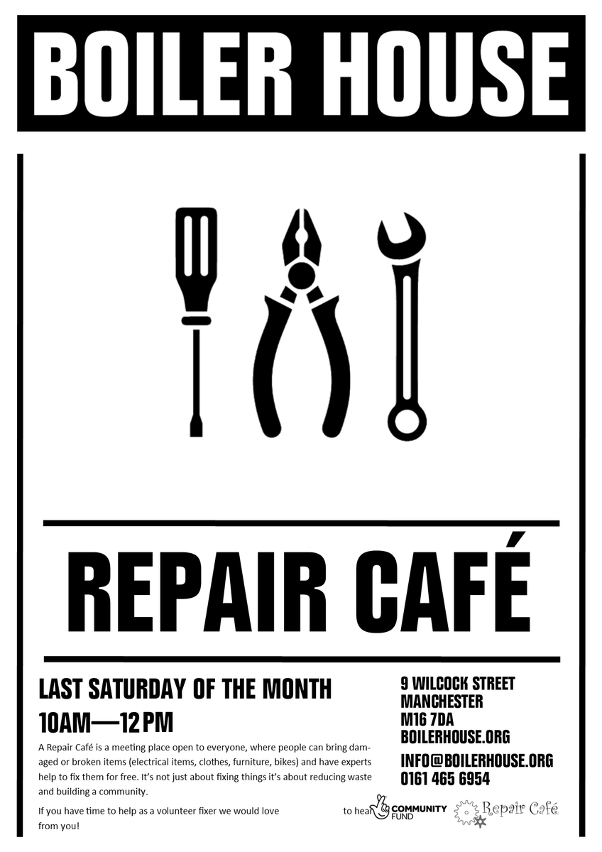 Repair café is back THIS Saturday at The Boiler House 10am-12! 🔨😀Bring your broken household items to get fixed by our volunteer repairers! Learn and meet other members of your community. Please make sure you remain Covid vigilant😷 we look forward to seeing you all!