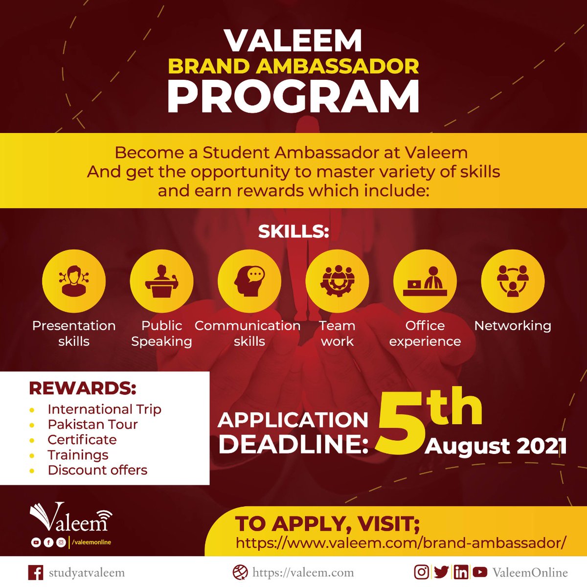 Are you an IGCSE and O/A Levels student? Looking forward to get industry exposure and test your creative skills? 

To apply, visit; valeem.com/brand-ambassad… 
Application Deadline: 5th August 2021

#brandambassador #influencer #careeropportunity #learning #Valeem #learnthesmartway