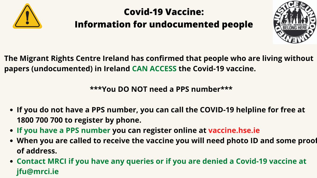 UNDOCUMENTED IN IRELAND? You are entitled to a free Covid19 vaccine. You DO NOT need to provide a PPS number to get a vaccine. Your details/data WILL NOT be shared with social services. If you are over 18, you can call HSE on Freephone: 1800 700 700 to arrange an appointment!