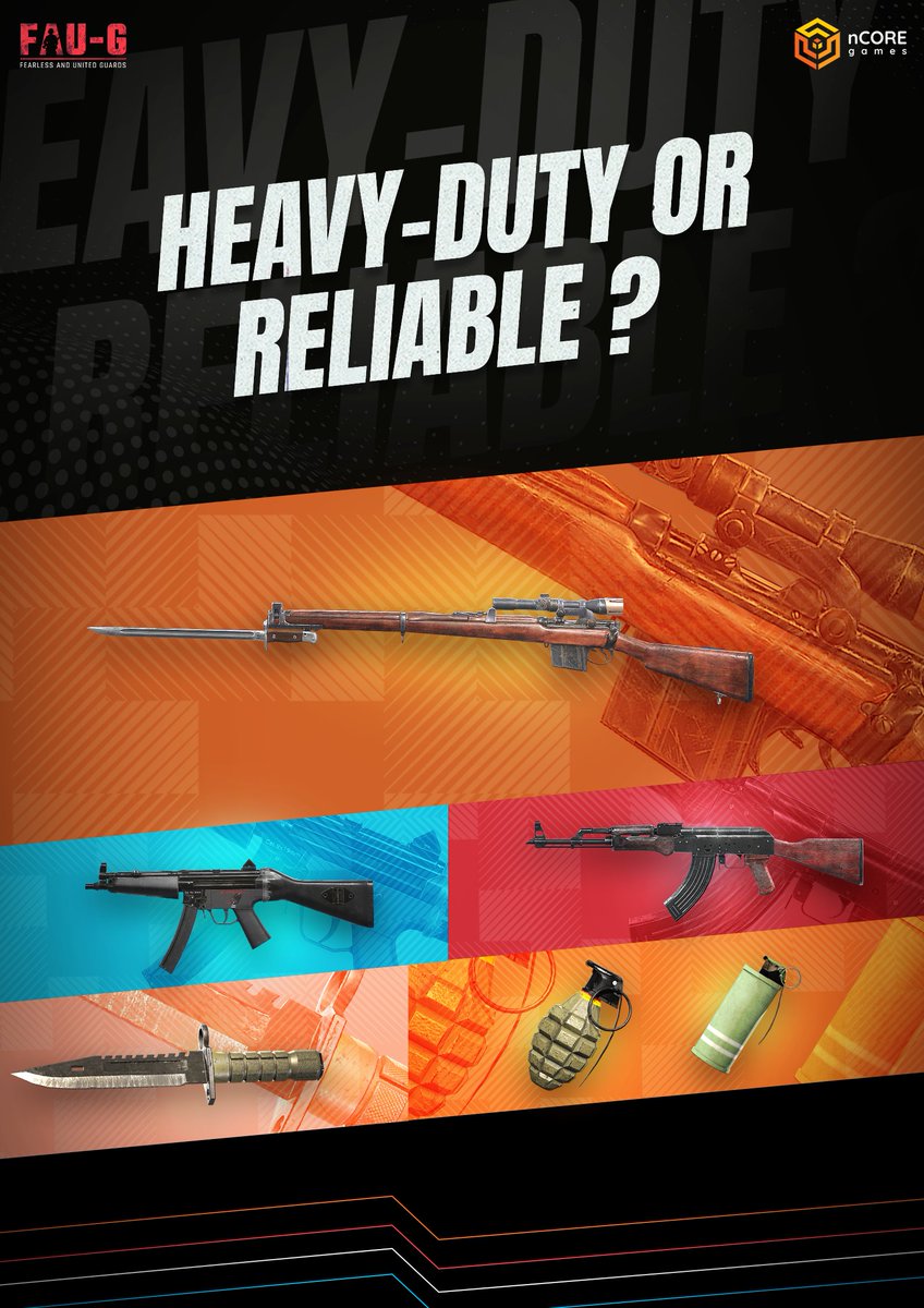 OfficialFaug's tweet photo. Heavy-duty or Reliable? 
What makes you choose your gun to get those dhamakedar plays?

#Faug #tdm #betarelease #atmanirbharbharat #india #ncore #mobilegames 

@vishalgondal @akshaykumar @dayanidhimg @BharatKeVeer https://t.co/N3SsbxmlSO