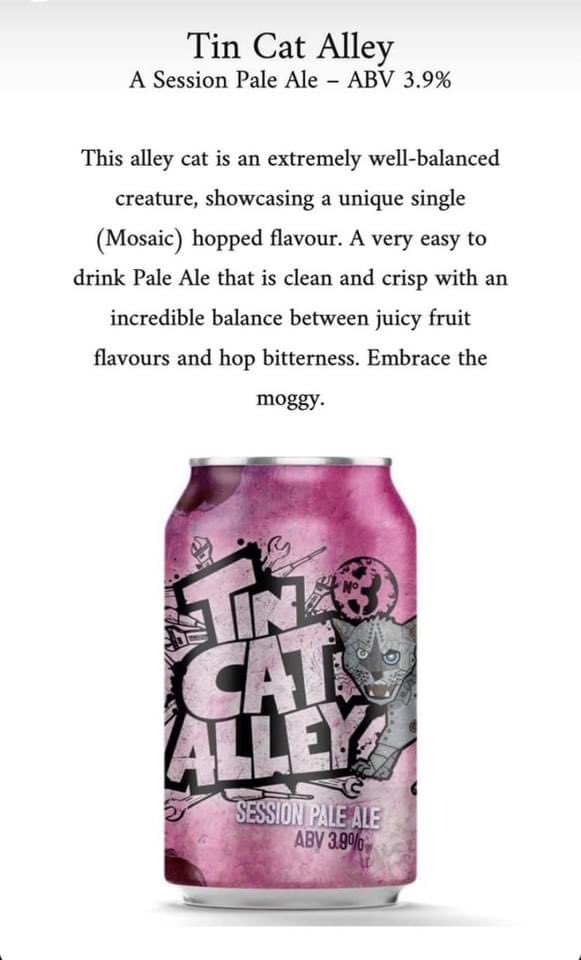 Finally back in 330ml cans.......
Tin Cat Alley🙌🏻🙌🏻

Get it while you can 👍🏻

Open from 1-7pm today 🍻