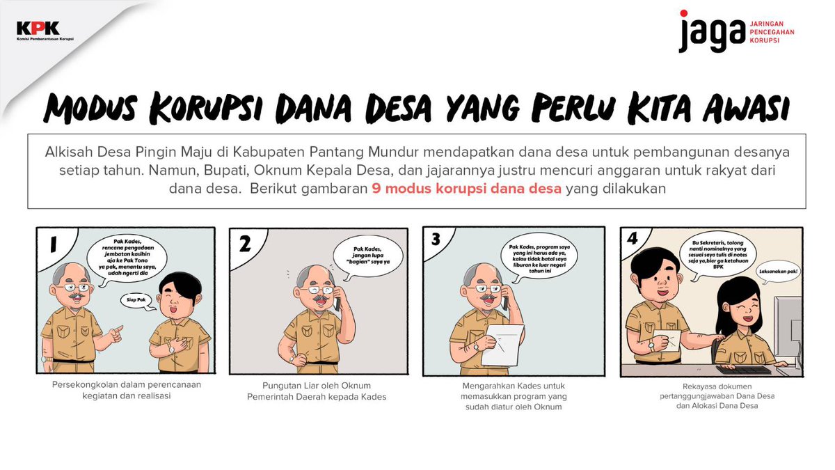 KPK_RI's tweet photo. Di sekitar kita, sering sekali terjadi penyelewengan Dana Desa.
Cari tahu &amp; CEGAH modus korupsi Dana Desa mulai sekarang!
Jika #KawanAksi menemukan dugaan TPK, yuk sampaikan di JAGA melalui smartphone kamu atau akses di https://t.co/d8r6NeeHFE.

#CegahKorupsiDariUjungJari #JAGA https://t.co/8ZvNioioIV