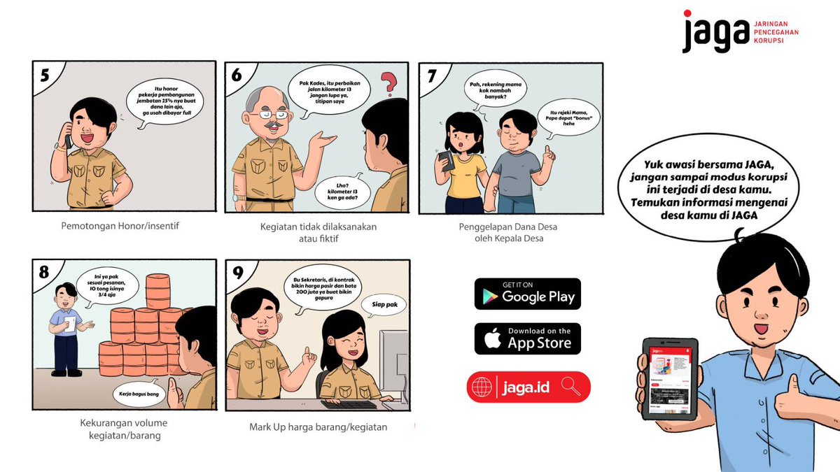 KPK_RI's tweet photo. Di sekitar kita, sering sekali terjadi penyelewengan Dana Desa.
Cari tahu &amp; CEGAH modus korupsi Dana Desa mulai sekarang!
Jika #KawanAksi menemukan dugaan TPK, yuk sampaikan di JAGA melalui smartphone kamu atau akses di https://t.co/d8r6NeeHFE.

#CegahKorupsiDariUjungJari #JAGA https://t.co/8ZvNioioIV