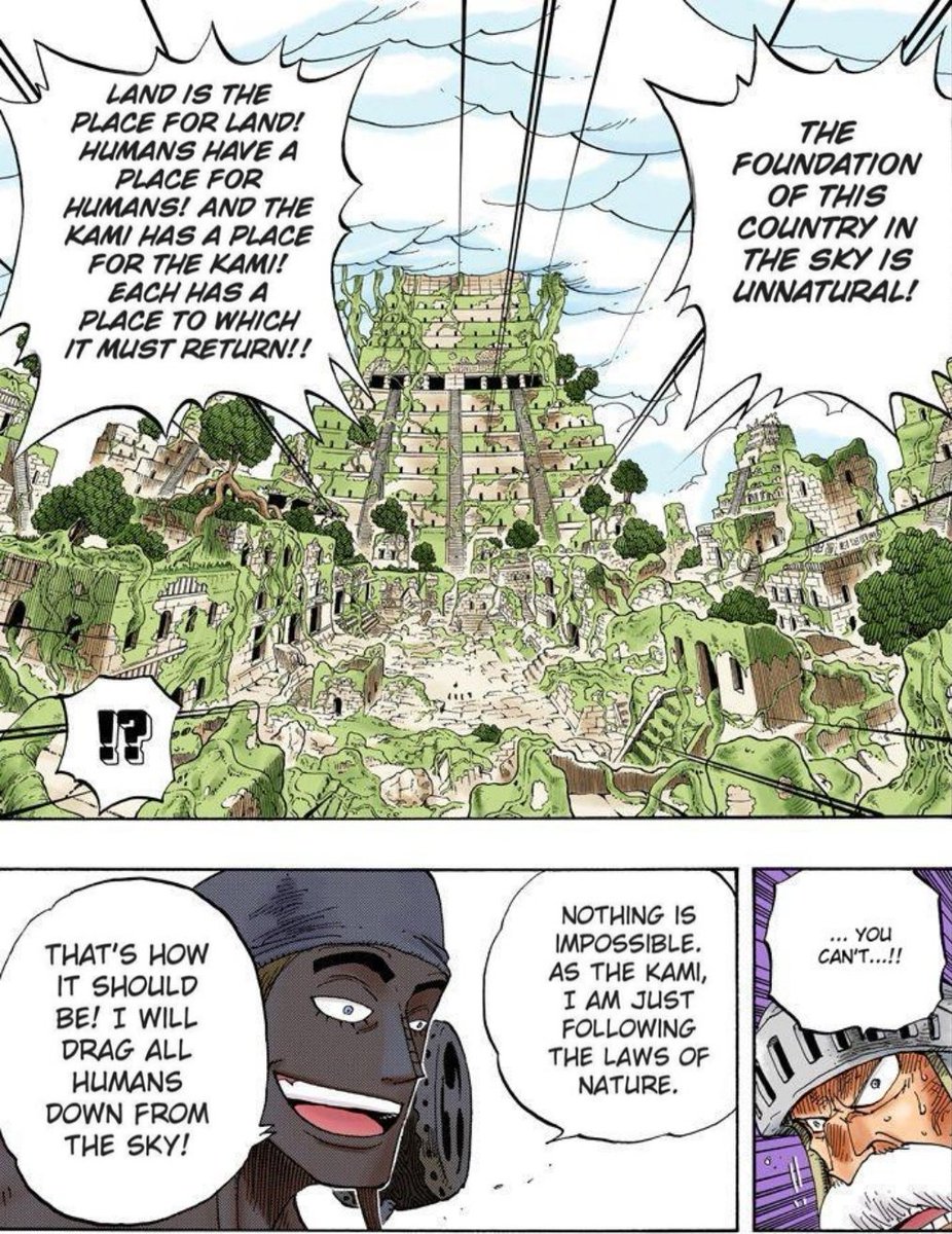 Jabulkheir's tweet photo. After rereading Skypeia I'm lowkey convinced one of the final islands the crew is going to visit is Birka, Enel's homeland. Hear me out, originally I thought it was just destroyed, but it was actually indirectly TOLD to us it was just dragged down to the Blue Sea! https://t.co/hTrL7KLYbN