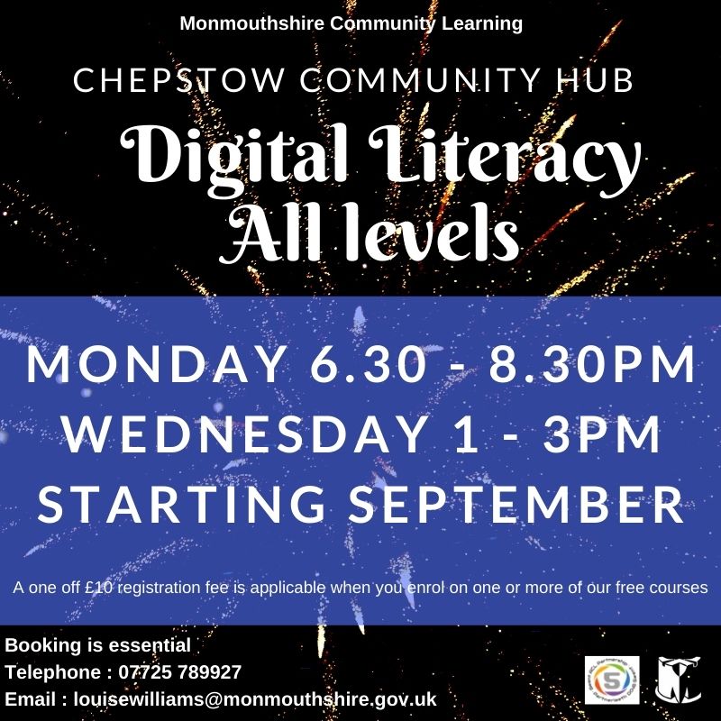 MonHubs's tweet photo. #ChepstowHub Digital Literacy classes starting September for all levels, email louisewilliams@monmouthshire.gov.uk to book a place https://t.co/VCfLq8qSzg