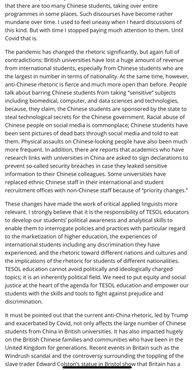 Ricky_Jeffrey's tweet photo. From my experience working on a large TESOL Masters in the UK (~95% Chinese students) for the first year of the pandemic, I’d think TESOL depts across UK (&amp; HEIs generally) may benefit from engaging w/ the issues in  @professorliwei1’s timely article. https://t.co/DbX2i3NaQv https://t.co/YHLfErOSXG