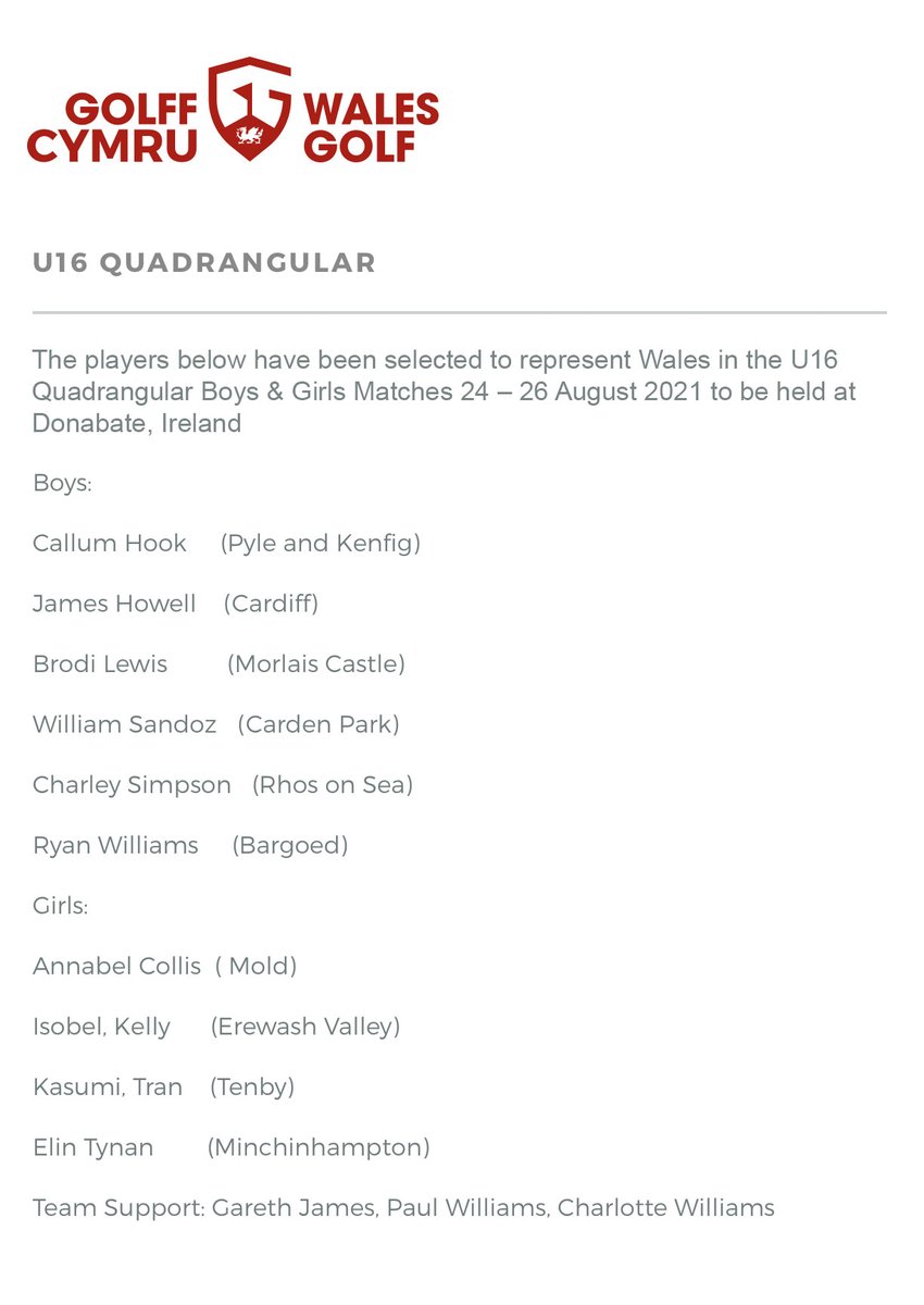 GolfCharley's tweet photo. Pleased to be selected to represent Wales In the U16 Quadrangular @DonabateGC 24-26 August.  #TeamWales @ProDreamUSA #walesgolf @RydalPenrhos https://t.co/rFAdQnieTE