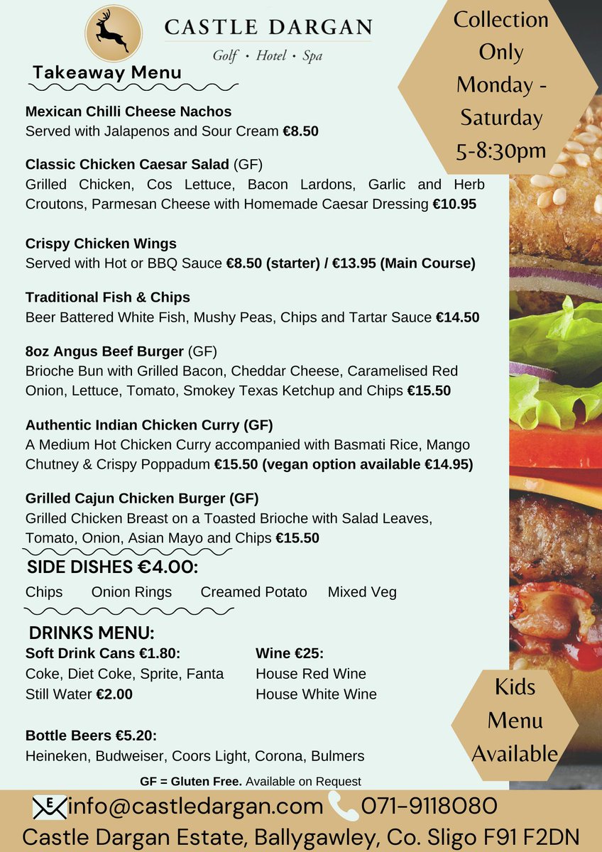 Castle Dargan Hotel Our Brand New Takeaway Menu Commences This Monday 2nd August Available Monday Saturday From 5 8 30pm Collection Only Info Castledargan Com 071 911 8080 T Co Xg7ywy0h15 T Co Itrf2krfua