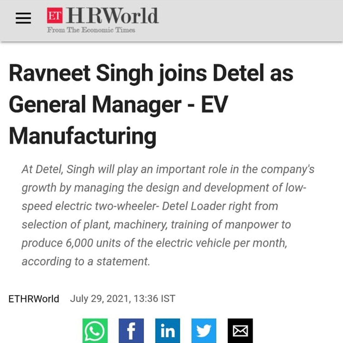 Ravneet Singh joins Detel as General Manager - EV Manufacturing
hr.economictimes.indiatimes.com/amp/news/indus…

#Detelev #Join #GM #Manager #Electricbike #Manufacturing