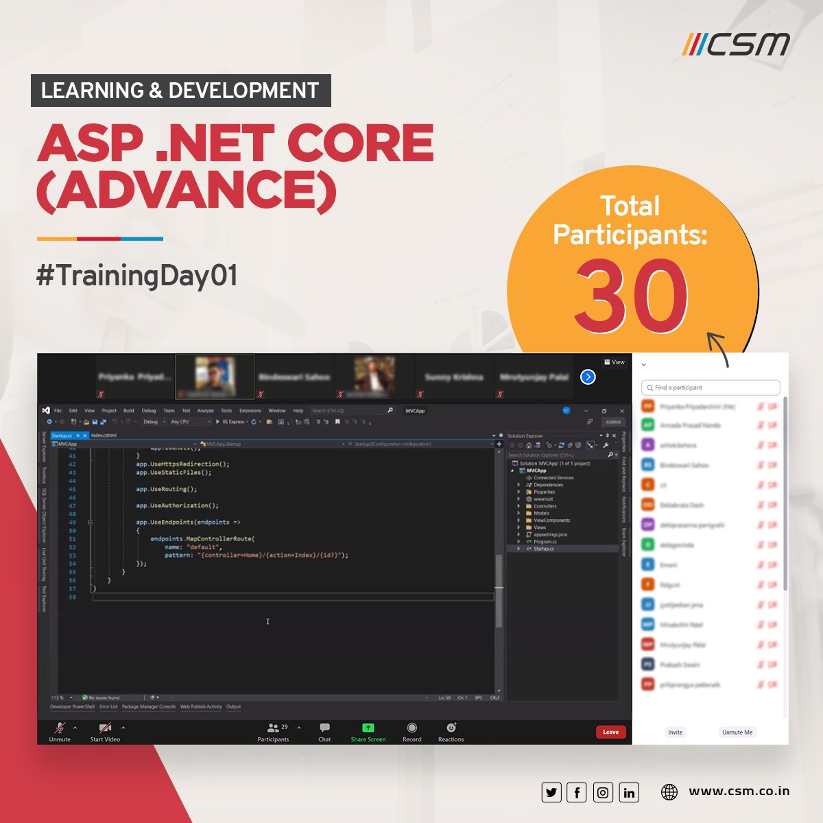 CSMTechnologies's tweet photo. Learning never stops for #teamCSM. Starting off a 40 Hour training on ASP .NET Core (Advance) with senior developers and tech leads. Get on board the knowledge train, #CSMers!
#learninganddevelopment https://t.co/NMa5MINopW
