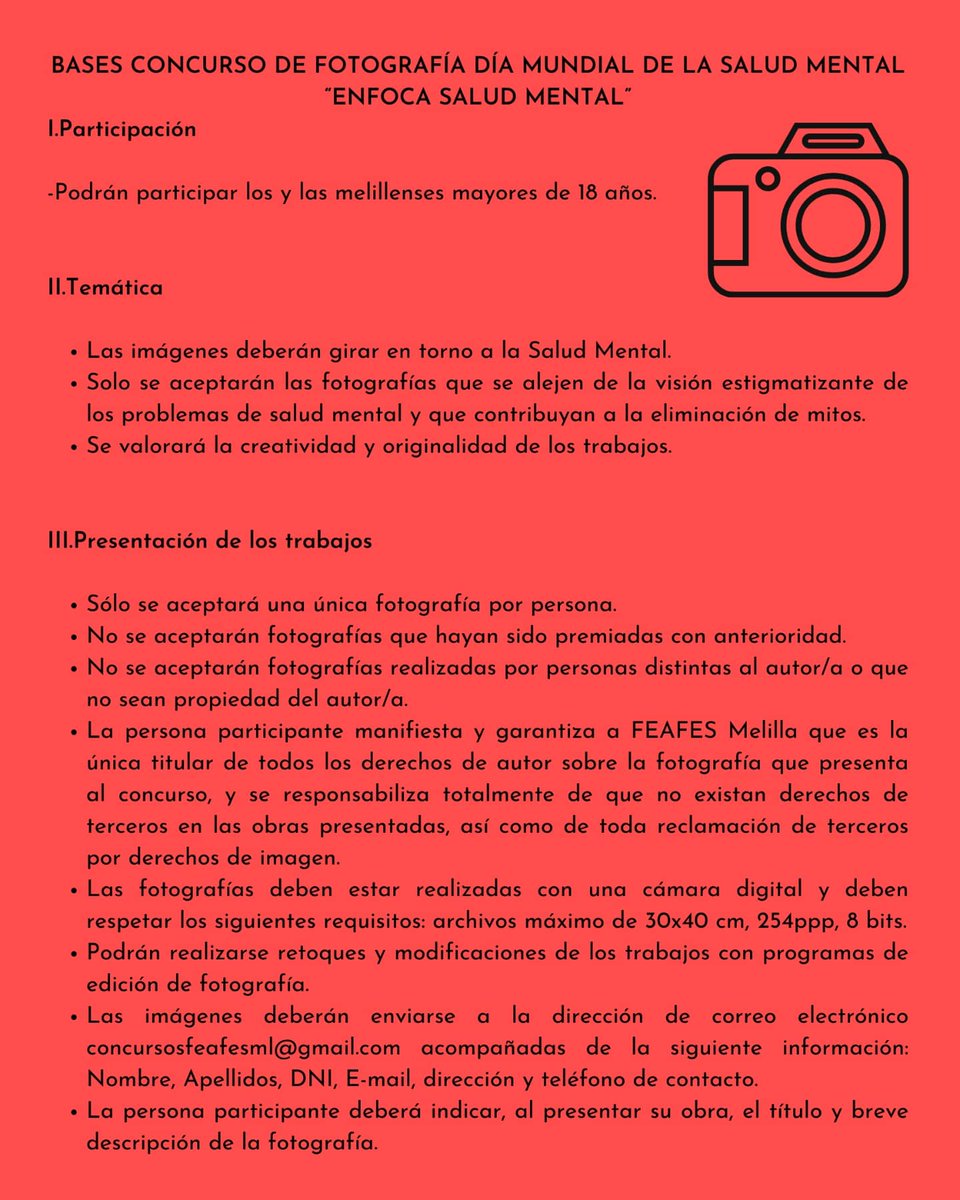 FeafesMelilla's tweet photo. 📢 ¡Lanzamos nuestro primer concurso de fotografía! 📸 #EnfocaSaludMental tiene como objetivo visibilizar los problemas de #SaludMental desde una perspectiva positiva, alejada del estigma y los mitos asociados.
 ¡Anímate, da rienda suelta a tu creatividad! 🧠✨
Bases completas👇 https://t.co/v2krOGWrvv