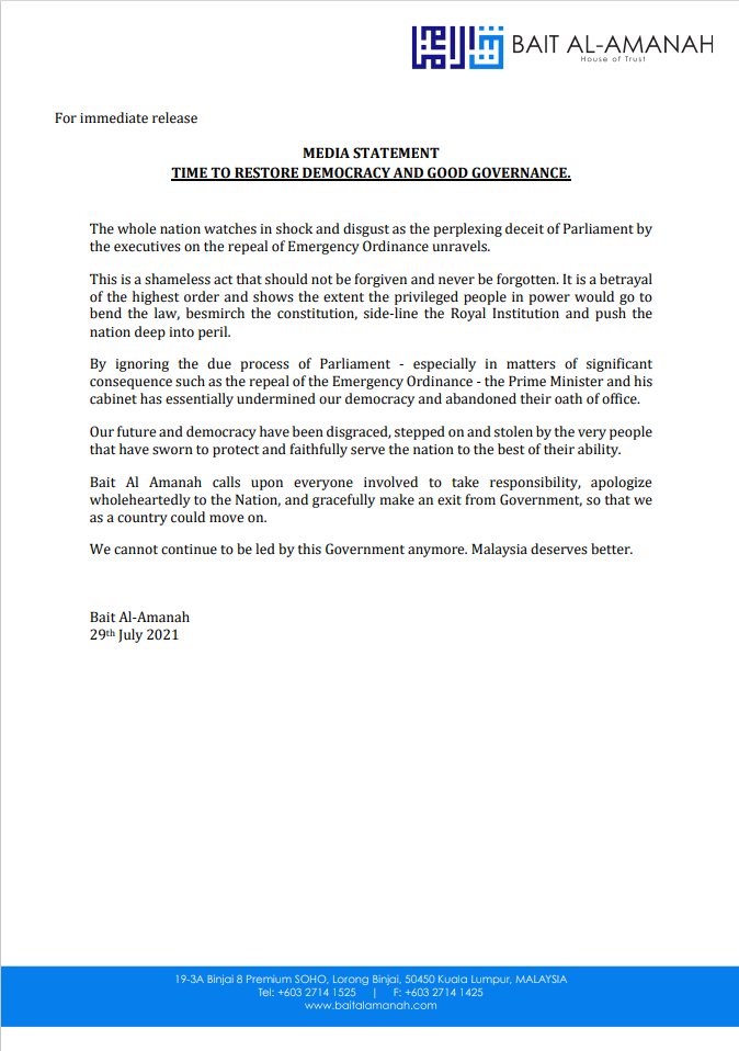 BAIT AL AMANAH's Media Statement:

TIME TO RESTORE DEMOCRACY AND GOOD GOVERNANCE

#Malaysia