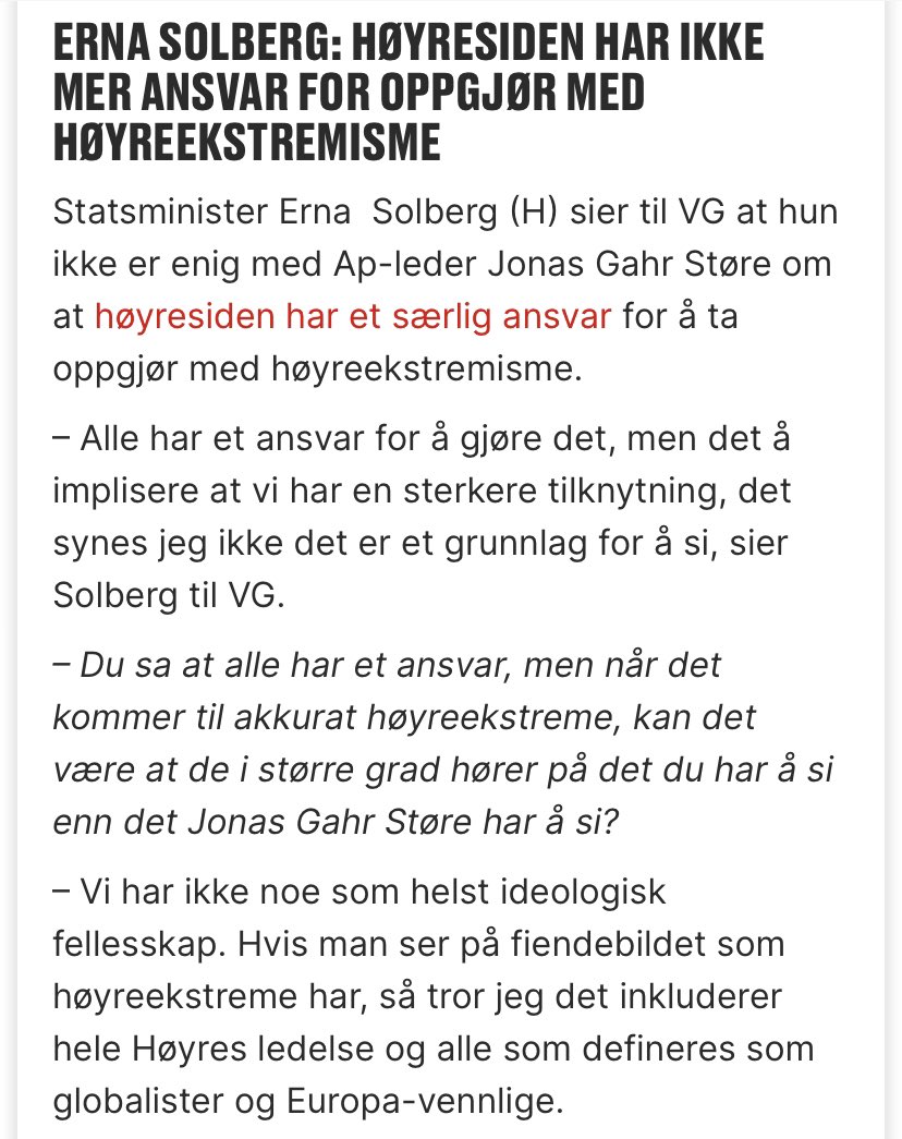 Men dette er jo ikke sant, <a href="/erna_solberg/">Erna Solberg</a>. Du har sluppet folk som sprer konspirasjonsteorier om muslimer inn i regjering. Du har sluppet folk som snakker om KORSTOG inn i regjering. Selvsagt har de ideologisk slektskap til ytre høyre!