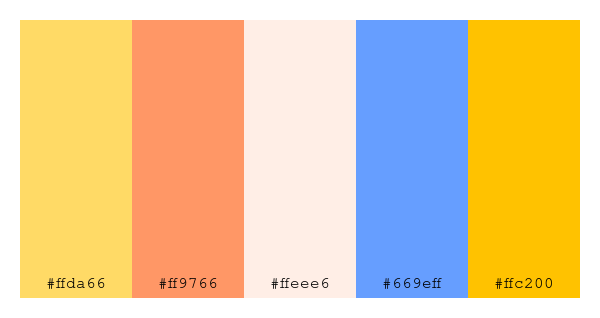 ColPaletteBot's tweet photo. Beep beep, here's a pretty color palette for you!
color-scheme.js parameters used:
- hue: 234
- variation: hard
- colors: #ffda66, #ff9766, #ffeee6, #669eff, #ffc200
Have a lovely day!
#twitterbot #colorpalette #colors #palette #prettycolors https://t.co/YsFc3IyH3l