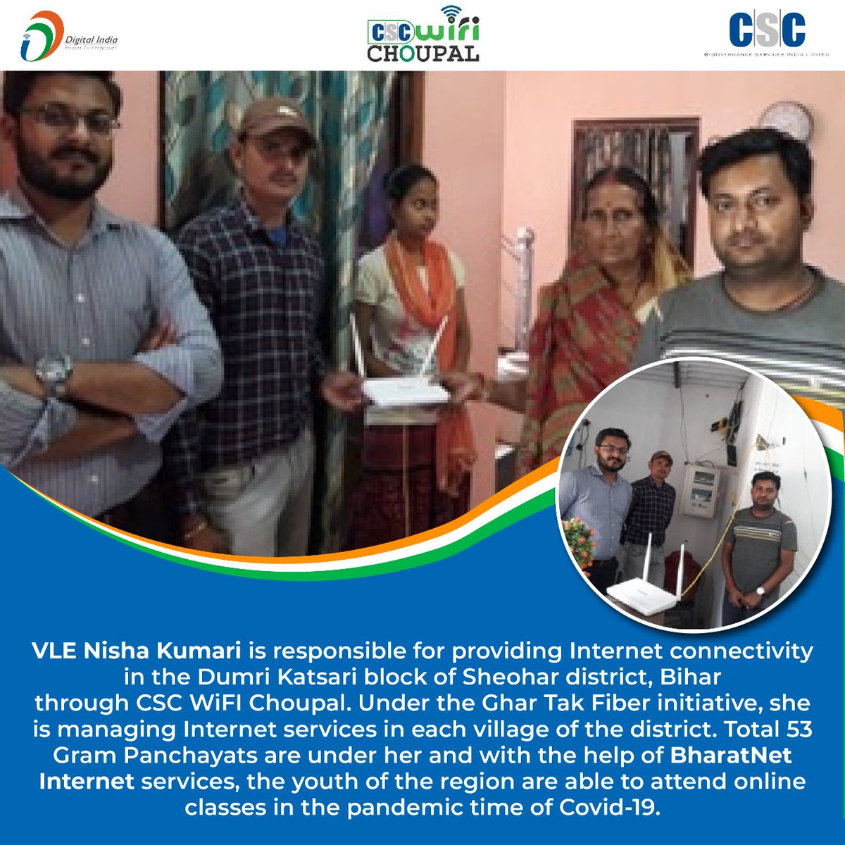 CSCegov_'s tweet image. VLE Nisha Kumari is responsible for providing Internet connectivity in Sheohar district, #Bihar through #CSCWifiChoupal. Total 53 Gram Panchayats are under her and with the help of #BharatNet Internet services, the youth are able to attend online classes in this pandemic time.
