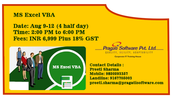 PragatiSoftware's tweet image. Pragati Software brings an interactive virtual Training Programs on MS Excel VBA, Register Now!
Contact Us:
preeti.sharma@pragatisoftware.com or call us on +91 9820293357.
#PragatiSoftware #MSExcel #MsTraining #Excelbasic #VBA #MSEccelAdvance #ITTraining #CorporateITTraining