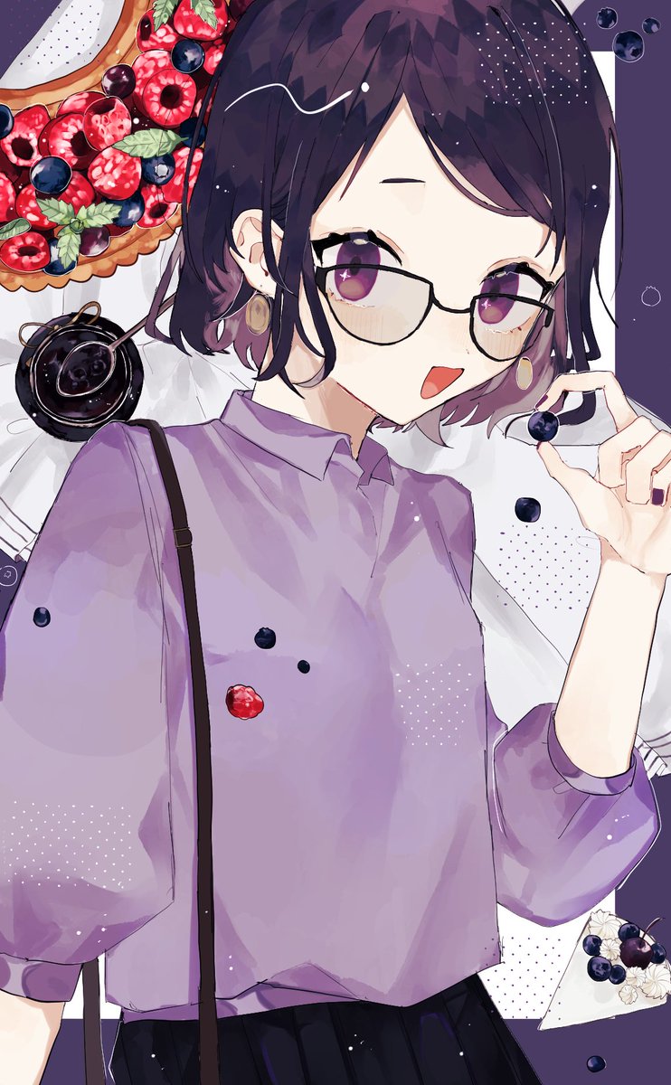 1girl solo glasses shirt skirt purple eyes food  illustration images