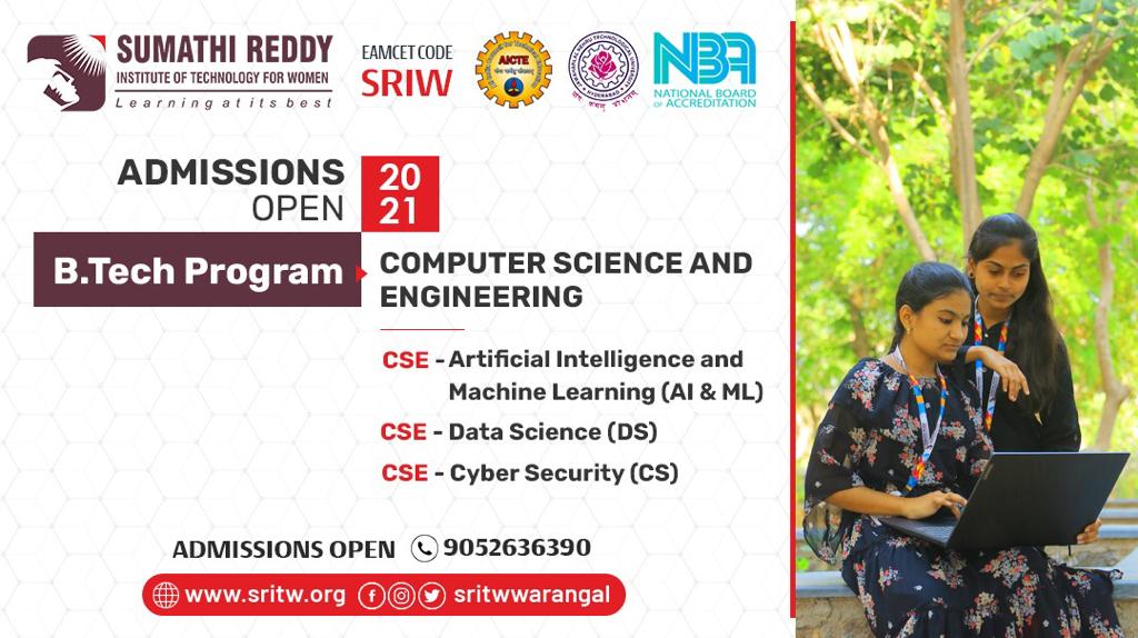 SritwW's tweet photo. SRITW is the Best Engineering college for women in Telangana which offers #CSE #Ai &amp; #ML  #DataScience  #cyber #security  #ECE

visit:- https://t.co/ZulJOqEKEH

#sritw #college #warangal #engineering #engineeringcollege #women #btech #cource #cources #student https://t.co/1PHzweRCsY