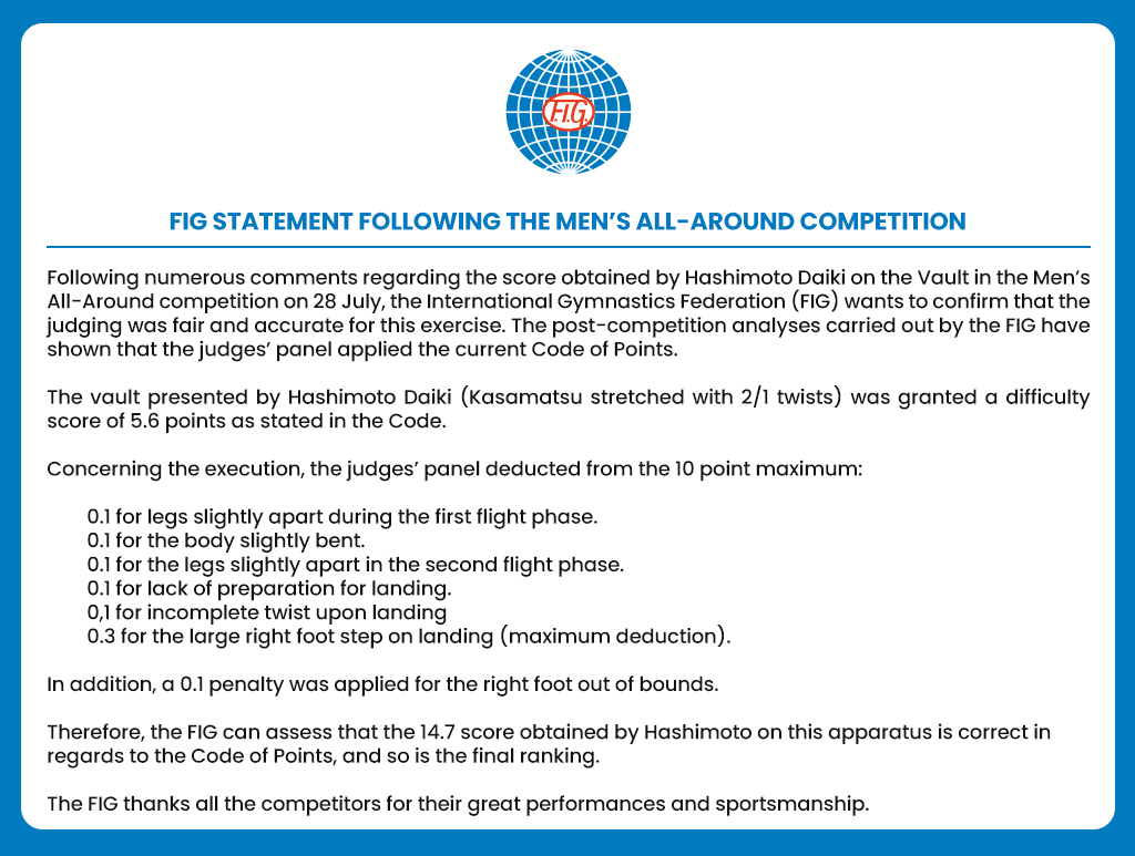 gymnastics's tweet photo. FIG Statement: #Tokyo2020 #Olympics Men's #ArtisticGymnastics All-Around Final https://t.co/uK642P2arm