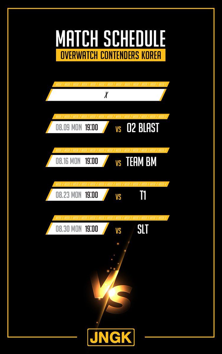 JNGK_OVERWATCH's tweet image. [ 2021 Overwatch Contenders Korea Season2 Match Schedule ]

안녕하세요. JNGK 입니다.
이번 컨텐더스 일정 안내드립니다!
1주차 경기는 없으며, 2주차부터 경기가 진행될 예정입니다.
플레이오프에 진출할 수 있도록 최선을 다하겠습니다.
많은 응원 부탁드리겠습니다. 감사합니다!