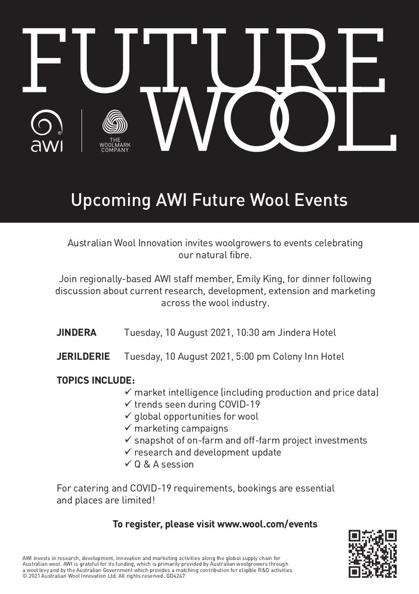 FUTURE WOOL - JINDERA &amp; JERILDERIE  🐏 
Tuesday 10th August!
AWI staff member, Emily King will discuss the current and future R &amp; D and marketing across the industry. 

For catering and COVID-19 requirements, bookings are essential be sure to register at: wool.com/events