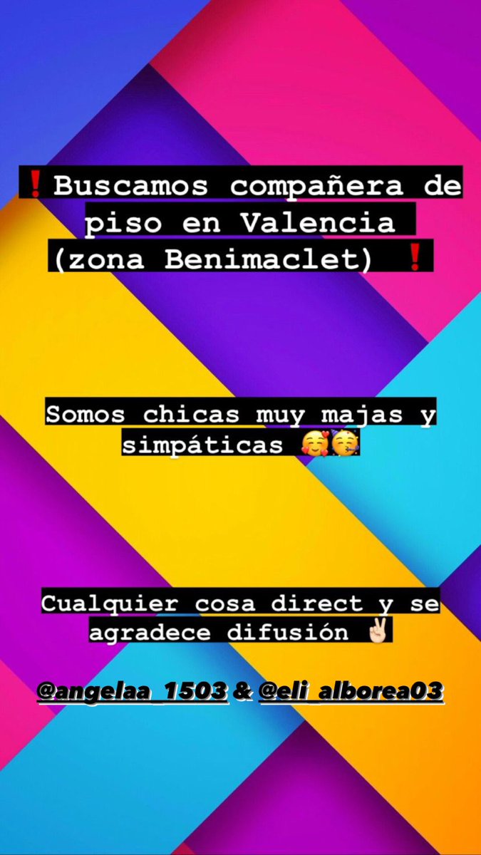 BUSCAMOS COMPAÑERA DE PISO EN VALENCIA PARA EL CURSO 2021/2022
(ZONA BENIMACLET)
#queydondeestudiar2021 
se agradece difusión 💝