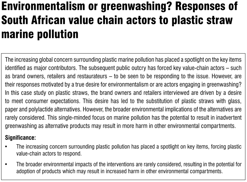 TakundaYC's tweet photo. My passion paper has finally been published. Check out my discussion on environmentalism vs #greenwashing in response to #plasticpollution in South Africa published in @SAJS_Official: https://t.co/txGlorToUk https://t.co/ogV9VePm7x