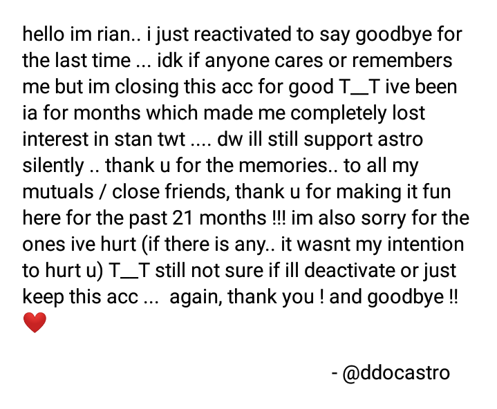 ddocastro's tweet photo. CLOSED. 

goodbye and thank you 👋 im wishing the best for everyone .. stay safe and healthy !!! https://t.co/YNUxpC4J0v