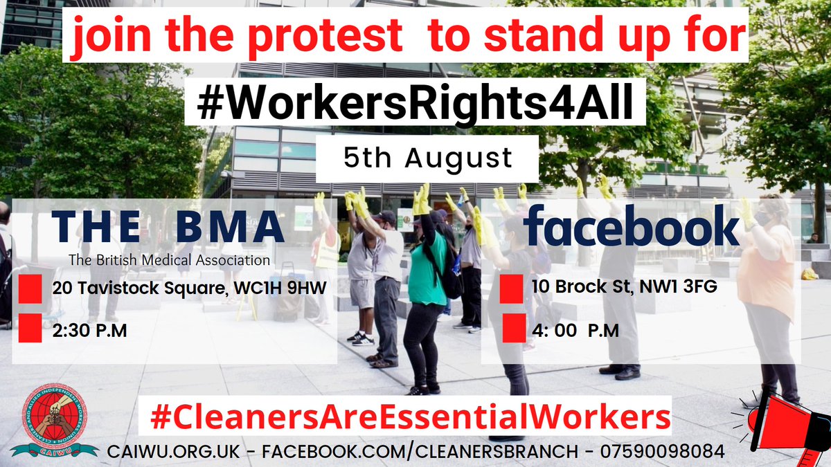 CAIWU (@caiwuunion) on Twitter photo 🚨In a changing world, we must recognize, ALL cleaners ARE workers entitled to rights that guarantee decent work conditions 💪
🚨Help us to stop the outsourcing of greedy cleaning companies <a href="/TheBMA/">The BMA</a> @FacebookLondon @churchil_group @JLLUK <a href="/ual_j4w/">UAL: End Outsourcing</a> <a href="/RMTunion/">RMT</a> @StrikeMapUK <a href="/mygibbo/">Alan Gibbons</a> 🚨In a changing world, we must recognize, ALL cleaners ARE workers entitled to rights that guarantee decent work conditions 💪
🚨Help us to stop the outsourcing of greedy cleaning companies <a href="/TheBMA/">The BMA</a> @FacebookLondon @churchil_group @JLLUK <a href="/ual_j4w/">UAL: End Outsourcing</a> <a href="/RMTunion/">RMT</a> @StrikeMapUK <a href="/mygibbo/">Alan Gibbons</a>