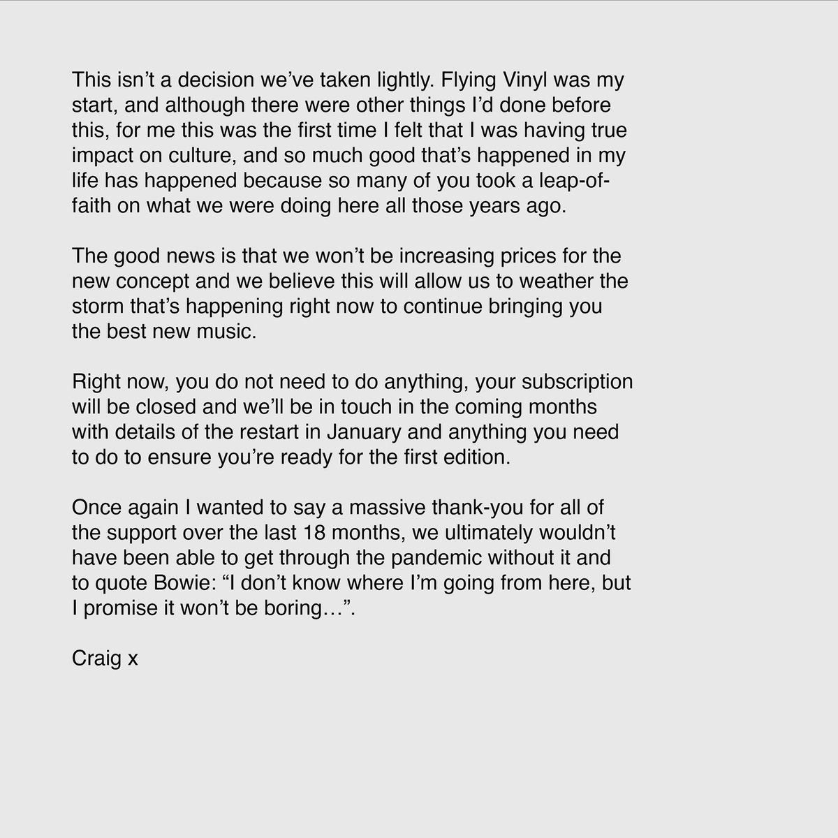 Hey everyone, please see statement below about changes we’re making to Flying Vinyl going forward: