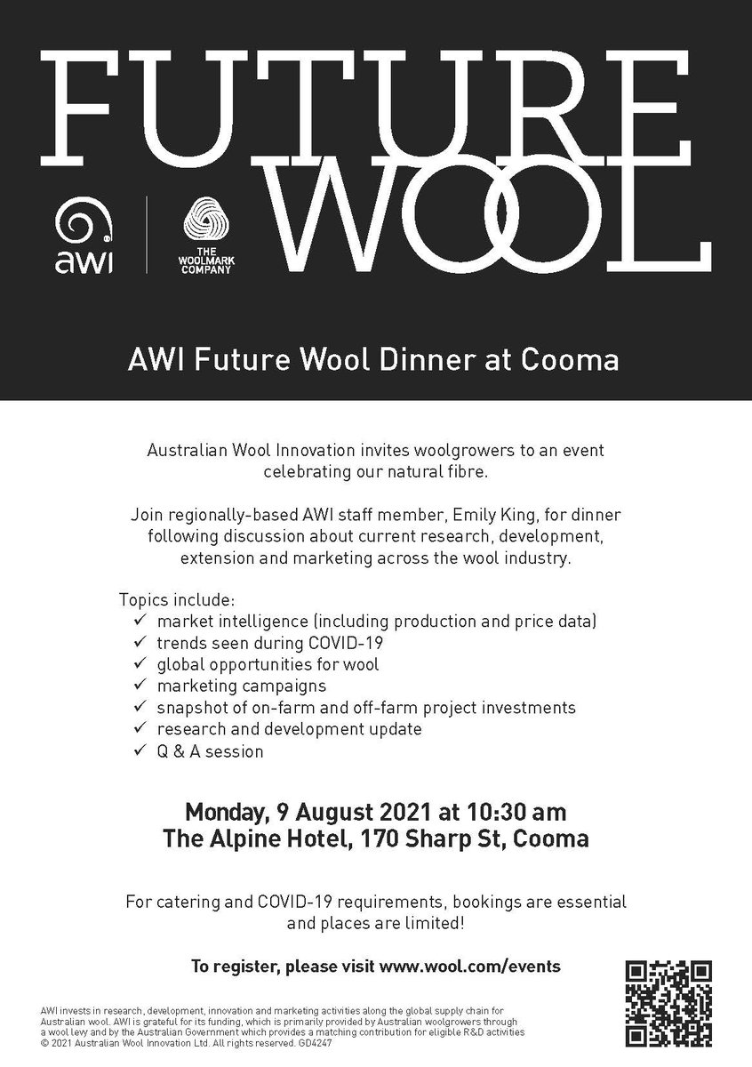 AWIExtensionNSW's tweet photo. FUTURE WOOL IS COMING TO COOMA!
Monday 9th August!
Regionally-based AWI staff member, Emily King will discuss the current and future R & D and marketing across the industry. 😀
For catering and COVID-19 requirements, be sure to register at: 👉https://t.co/q48PjNYM6g
#FutureWool https://t.co/1bRO0ZTnox