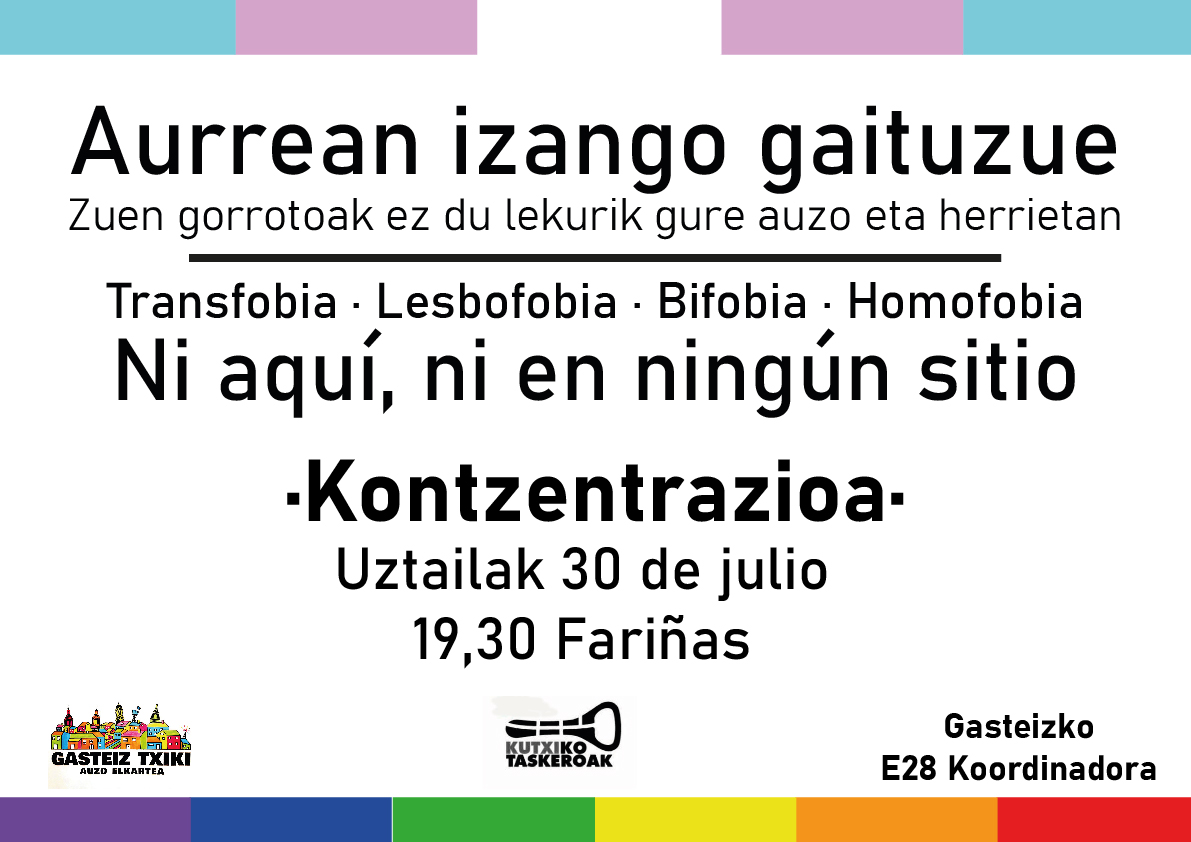 Azkenengo eraso transfoboa salatzeko elkarretaratzea deitzen dugu Kutxiko taskeroak eta Gazteiz Txiki auzo elkartearekin batera
